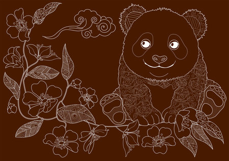 Cute panda with flowers on a brown background. Vector illustration.のイラスト素材