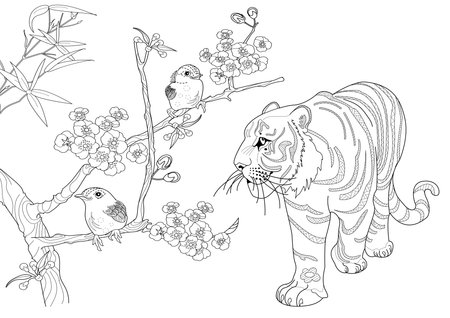 Tiger, bird and cherry blossoms. Black and white illustration.のイラスト素材