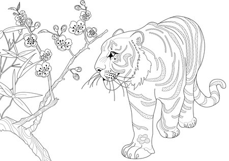 Tiger with flowers. Black and white illustration for a coloring book.のイラスト素材