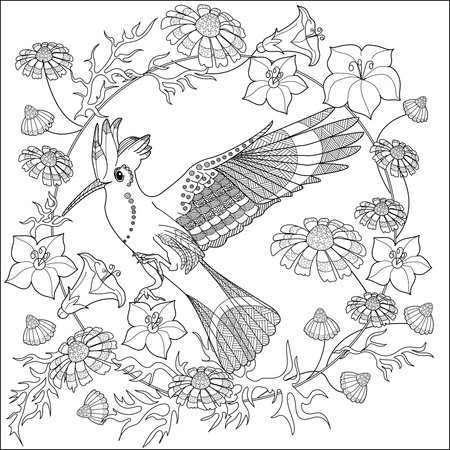 Coloring book for adults and older children. Coloring page with bird and flowers. Vector illustration.のイラスト素材