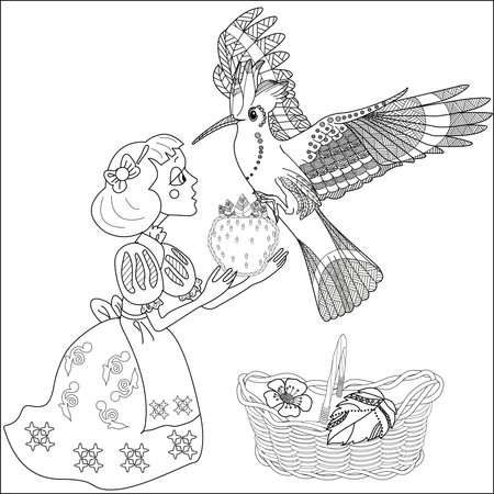 Coloring book for adults and older children. Cute bird and basket with applesのイラスト素材