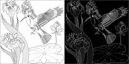 Coloring book for adults and older children. Coloring page with flowers and birds.のイラスト素材