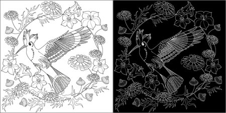 Coloring book for adults and older children. Coloring page with bird and flowers. Black and white vector illustration.のイラスト素材