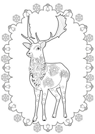 Deer with ornament for antistress coloring page. Vector illustration.のイラスト素材