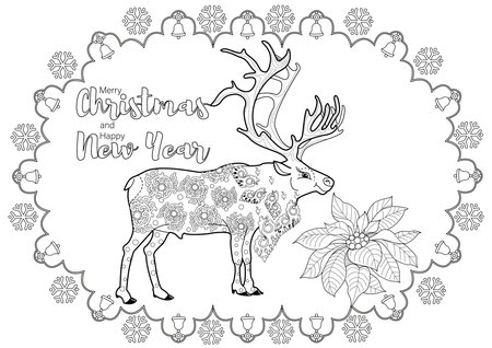 Coloring book for adults and older children. Christmas card with Christmas deer.のイラスト素材