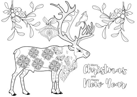 Christmas greeting card with reindeer and decorative elements. Vector illustration.のイラスト素材