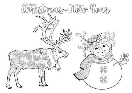Coloring book for children: a snowman and reindeerのイラスト素材