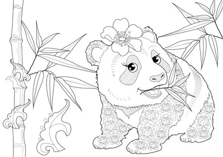 Coloring book for children: Panda with a flower in her hairのイラスト素材