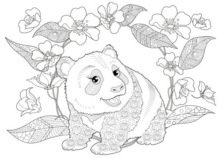 Panda with flowers. Coloring book antistress for children and adults.のイラスト素材