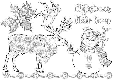 Coloring book for adults and older children. Coloring page with Christmas deer and snowman.のイラスト素材