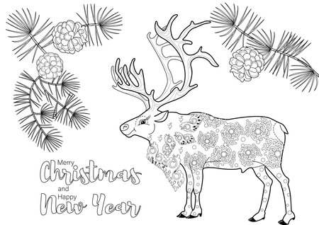 Hand drawn deer with Christmas decorations. Vector illustration in black and white.のイラスト素材