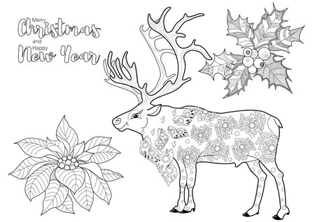 Christmas and New Year coloring page with Christmas deer, poinsettia and snowflakes.のイラスト素材