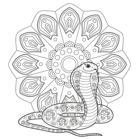 Snake and mandala. Anti stress coloring page for adults. Vector illustration.のイラスト素材