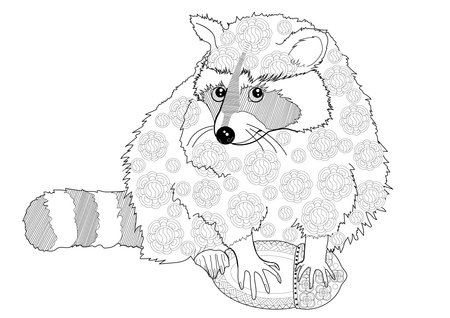 Hand drawn raccoon with floral pattern. Vector illustration for coloring book.のイラスト素材