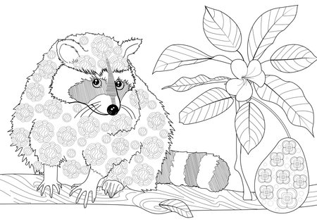 Coloring book for adults and older children. Coloring page with cute raccoonのイラスト素材