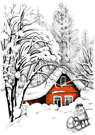 Winter landscape with a house in the forest. Vector hand drawn illustration.のイラスト素材