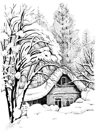 Wooden house in winter, vintage line drawing or engraving illustration.のイラスト素材