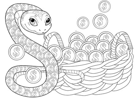 Coloring book for adults. Black and white illustration of a snake sitting on a pile of coinsのイラスト素材