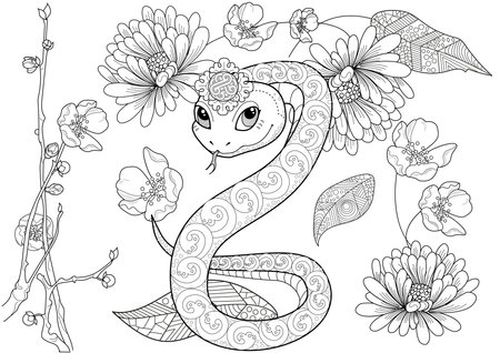 Cute snake and flowers. Coloring book page for adults.のイラスト素材