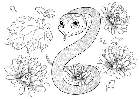 Coloring book for adults and older children. Coloring page with snake, flowers and leaves.のイラスト素材