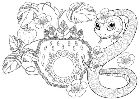 Coloring book for adults and older children. Coloring page with snake, flowers and strawberries.のイラスト素材