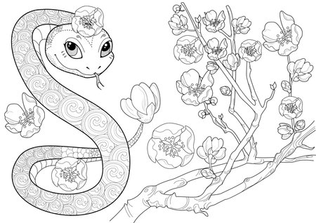 Coloring pages for adults and children. Coloring page with cute snake.のイラスト素材