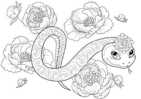 Snake and flowers. Coloring book page for adults. Vector illustrationのイラスト素材