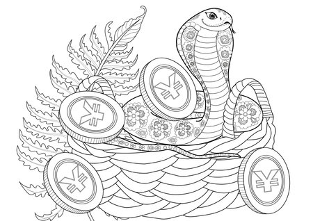 Black and white illustration for adult coloring book with snake on top of the hillのイラスト素材