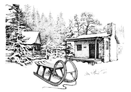 Sled in the village, vintage line drawing or engraving illustration.のイラスト素材