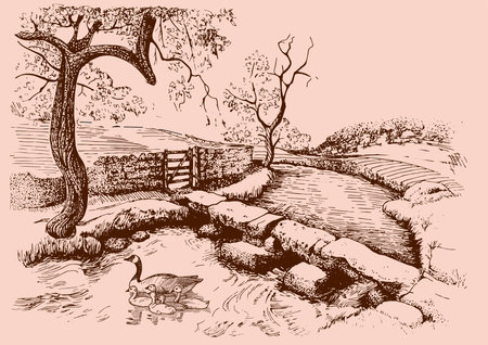 Sketch of a river with trees and a wooden bridge.のイラスト素材