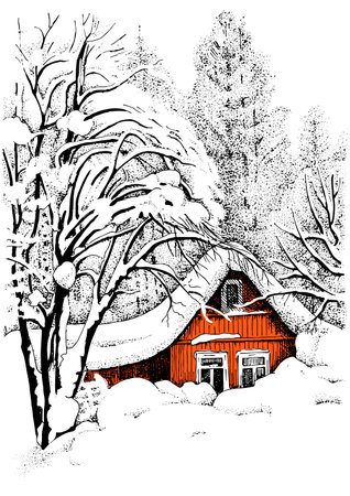 Winter landscape with a house, trees and snowdrifts. Vector illustration.のイラスト素材