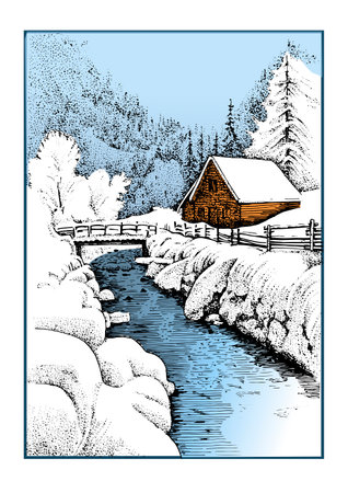 Hand drawn vector illustration of a wooden house on the bank of a mountain river.のイラスト素材