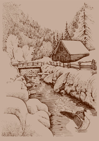 Wooden house on the bank of a mountain river. Vintage hand drawn illustration.のイラスト素材