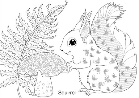 Coloring book for adults and older children. Coloring page with a picture of a squirrel.のイラスト素材