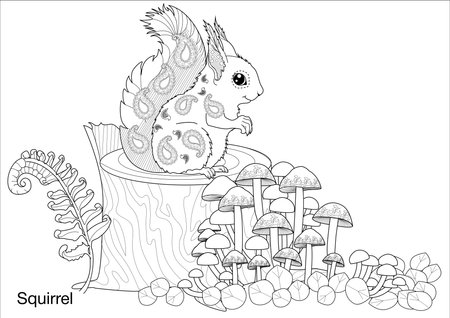 Coloring book for children: squirrel sitting on a stump with mushroomsのイラスト素材