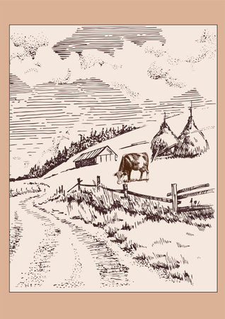 Vector hand drawn illustration of a rural landscape with a cow in the foregroundのイラスト素材