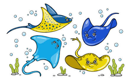 Various stingrays on a white background. Vector illustration on a sea theme in a cartoon childish...
