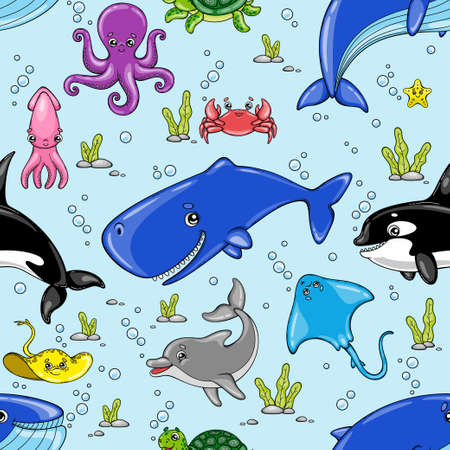 Cartoon cute sea animals. Seamless vector pattern on a blue background.のイラスト素材