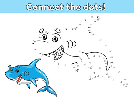Dot to dot by numbers game. Connect the dots and draw a cute cartoon shark. Educational game for toddlers, preschoolers, kindergarten. Vector illustration.のイラスト素材