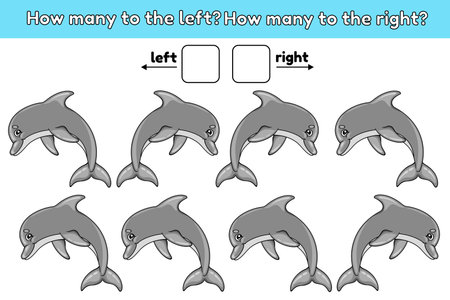 Educational worksheet for children. Left and right. Count how many dolphins are swimming right and left. Vector illustration.のイラスト素材
