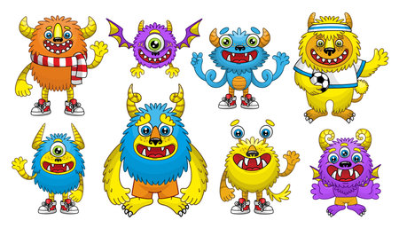 Cartoon colorful monsters. Vector set of cute monsters in childish style.のイラスト素材