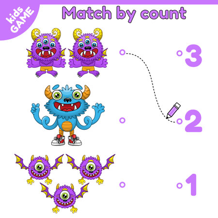 Count and match cartoon monsters and numbers. Math educational game for kids. Printable worksheet for kindergarten and school. Vector illustration.のイラスト素材