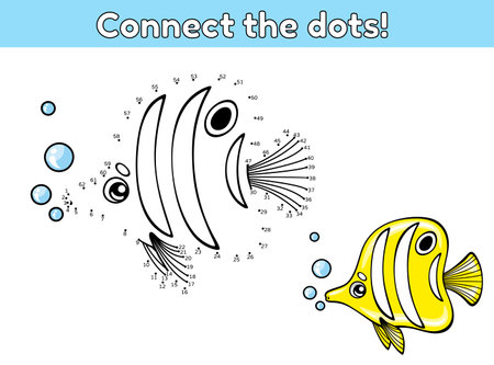 Dot to dot by numbers game. Connect the dots. Educational puzzle. Cartoon sea animal. Cute yellow fish. Vector illustration.のイラスト素材