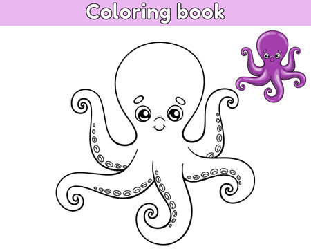 Octopus outline and colorful octopus. Coloring book for kids. Vector illustration of cartoon sea animal in childish style.のイラスト素材