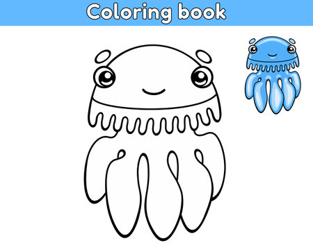 Coloring book for children. Jellyfish outline and colorful jellyfish. Cartoon sea animal. Vector illustration.のイラスト素材