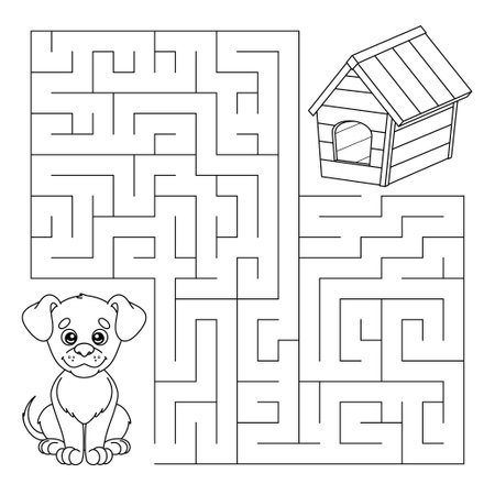 Maze game for children with cartoon dog. Find the right path logic quest. Education labyrinth puzzle for preschool and school kids. Contour of puppy and dog house. Coloring page. Vector illustration.のイラスト素材