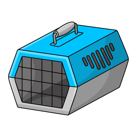 Cartoon pet carrier. Traveling box carry for domestic animals. Transport cage for cats and dogs. Clipart of accessories and goods for a pet shop. Isolated vector illustration on a white background.のイラスト素材