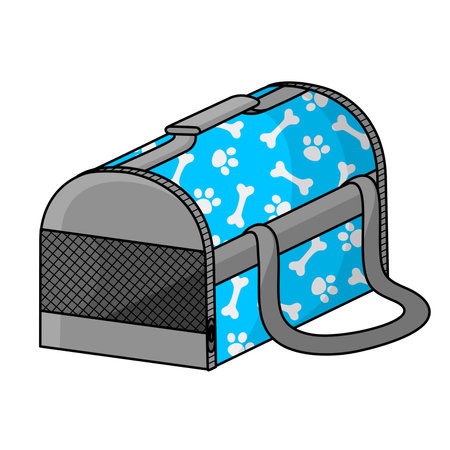 Cartoon pet carrier. Carrying bag for domestic animal. Travel bag for transport cats and dogs. Clipart of accessories and goods for a pet shop. Isolated vector illustration on a white background.のイラスト素材