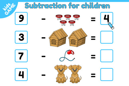 Kids game. Math education. Subtraction skills training. Count and write down the numbers. Mathematics worksheet for preschool and school children. Cartoon dog and pet accessories. Vector illustration.のイラスト素材