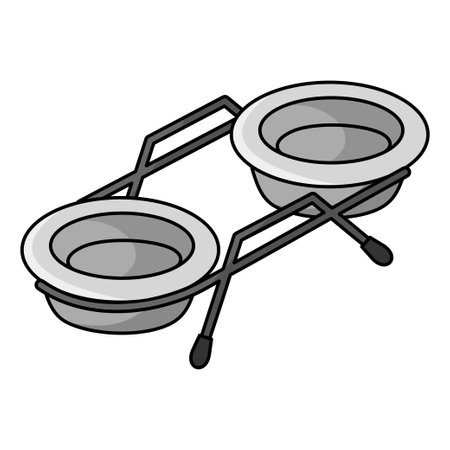 Stand with two stainless steel bowls. Cartoon double bowls for feeding cats and dogs. Feeder for domestic animals. Care products for pet shop. Vector isolated illustration on white background.のイラスト素材